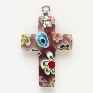 Focal 1pkg1 silver-finished steel and millefiori glass, translucent and transparent purple and multicolored, 33x23mm-35x24mm cross.