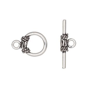Clasp toggle 1pkg1 sterling silver, 13mm round, antiqued 1-strand