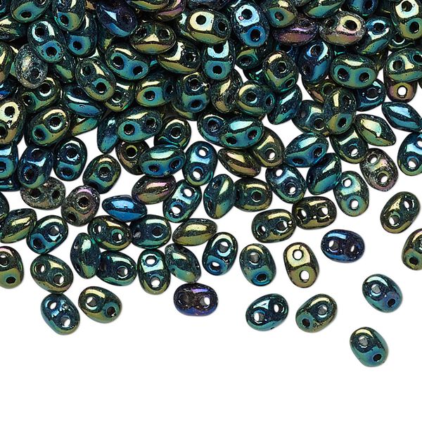 Bead, Preciosa Twin&trade;, Pressed Twin, Czech pressed glass, iris green, 5x2.5mm oval with 2 holes. Sold per 10-gram pkg. image number 0