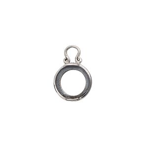Drop, antiqued sterling silver, 11mm round with dot design and open back with 10mm 2-prong round cabochon setting. Sold individually.