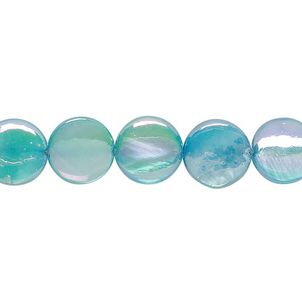 Mother-of-pearl shell 1pkg1, flat round bead 15 inch turquoise blue 10mm image number 0