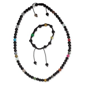 Multi-gemstone / glass / nylon 1pkg2 round bracelet / necklace 7-10 inch / 22-25 inch / adjustable macram&eacute; clasp 7-8mm