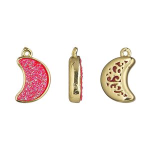 Drop, Druzylite&trade;, "druzy" (resin) and gold-finished brass, hot pink, 14x10mm two-sided moon with open filigree back. Sold per pkg of 4.
