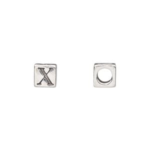 Bead 1pkg1 sterling silver, 5.5mm cube / letter X, antiqued Dione&reg;