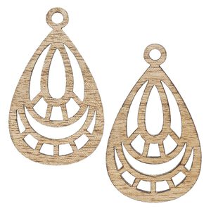 Focal, mango wood (coated), 54.5 x 38mm double-sided laser-cut teardrop with cutouts. Sold per pkg of 2.