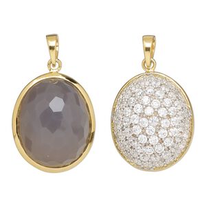Pendant, Create Compliments&reg;, cubic zirconia / grey chalcedony (natural) / gold-finished sterling silver, clear, 21x17.5mm two-sided faceted oval ball. Sold individually.