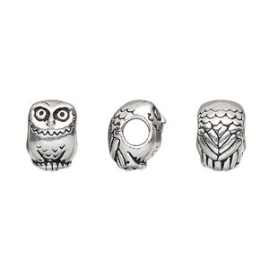 Bead, TierraCast&reg;, antique silver-plated pewter (tin-based alloy), 12x8.5mm owl. Sold per pkg of 2.