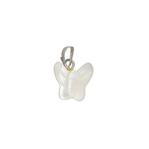 Pendant, mother-of-pearl shell (bleached) / antique silver-finished "pewter" (zinc-based alloy) / steel 1pkg1, 12x11mm-15x12mm single-sided carved butterfly.