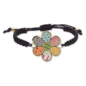 Bracelet, enamel / waxed cotton cord / gold-finished stainless steel, multicolored, 39x35mm flower, adjustable from 6-9 inches with macram&eacute; knot closure. Sold individually.