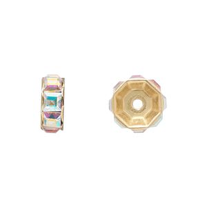 Bead 4pk crystal AB gold plate, Crystal Passions&reg; 12x5mm rondelle 77812
