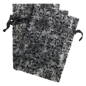 Pouch, satin and flocked organza, grey and black, 7x5-inch rectangle with damask design and drawstring. Sold per pkg of 3.