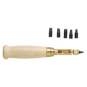 Hole punch, Japanese screw punch, brass / steel / wood, 5-1/4 inches with 1.75-4mm punch bits. Sold per 7-piece set.