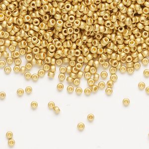 Seed bead, Miyuki, glass, pkg/250g, #11 rocaille, opaque 24Kt gold-plated matte (RR-191F).