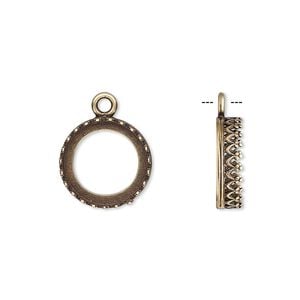 Drop, JBB Findings, antiqued brass, 13.5mm round with open back and decorative trim, 12mm round bezel setting. Sold per pkg of 2.