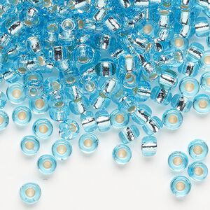 Seed bead, Miyuki, glass, pkg/25g, #6 rocaille, transparent silver-lined aqua blue, (RR-18).