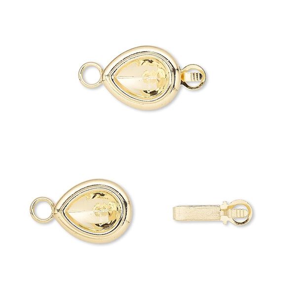 Clasp 1pkg4, Almost Instant Jewelry&reg;, tab, gold-plated brass, 12x10mm teardrop with 8x6mm pear setting. image number 0