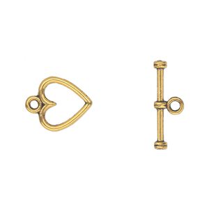 Clasp toggle 1pkg20 "pewter" (zinc alloy), 12mm double-sided heart, antique gold-finished 1-strand