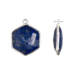 Drop, lapis lazuli (natural) and sterling silver, 18x17mm-20x18mm hand-cut double-sided faceted hexagon. Sold individually.