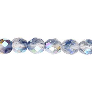 Bead, Czech fire-polished glass, two-tone, crystal/dark grey AB, 8mm faceted round. Sold per 15-1/2" to 16" strand.
