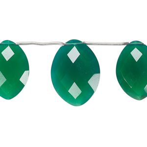Green onyx 1pkg3, hand-cut top-drilled faceted puffed marquise bead 18x13mm / 20x15mm