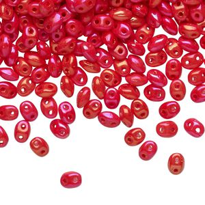 Bead, Preciosa Twin&trade;, Pressed Twin, Czech pressed glass, rainbow red-orange, 5x2.5mm oval with 2 holes. Sold per 50-gram pkg.