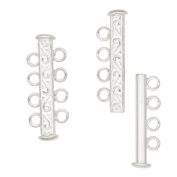 Clasp slide lock 1pkg1 sterling silver, 27x6mm filigree tube, JBB Findings 4-strand image number 0