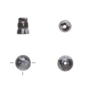 Snowflake obsidian 2pkg2, T-drilled round / cone bead natural 8mm / 8x5mm-9x6mm