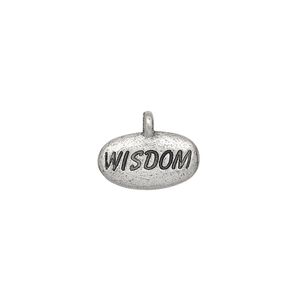 Charm, pewter (tin-based alloy), pkg/1, antiqued silver, 15x9mm pebble with "WISDOM."