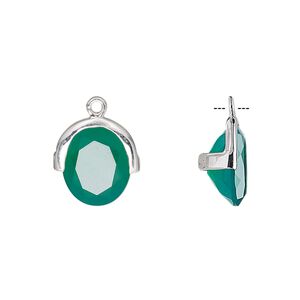 Drop, green onyx (dyed) and sterling silver, 13x12.5mm single-sided faceted oval. Sold individually.