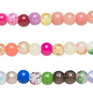 Bead, coated glass, opaque to transparent mixed colors, 5-7mm round. Sold per pkg of (3) 7-inch strands, approximately 110 beads.