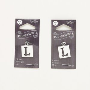 Drop, silver-finished "pewter" (zinc-based alloy) and steel, 16x15mm flat square with cutout alphabet letter "L." Sold per pkg of 2.