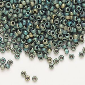 Seed bead, Miyuki, glass, pkg/250g, #8 rocaille, opaque matte metallic iris green patina (RR-2067).