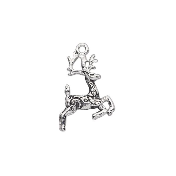 Charm, antique silver-plated "pewter" (zinc-based alloy), 20x14mm double-sided reindeer. Sold individually. image number 0