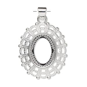 Pendant, silver-plated "pewter" (zinc-based alloy), 28.5x24.5mm fancy oval with 16x12mm oval setting. Sold per pkg of 4.