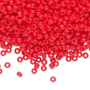 Seed bead, Miyuki, glass, pkg/250g, #8 rocaille, opaque vermillion red, (RR-407).