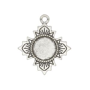 Drop, glue-in, antique silver-finished "pewter" (zinc-based alloy), 26mm single-sided flower with 12mm round setting. Sold per pkg of 2.