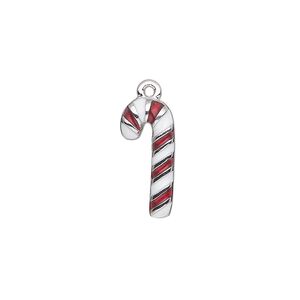 Charm, silver-plated "pewter" (zinc-based alloy) and enamel, red and white, 17.5x8mm single-sided candy cane. Sold individually.