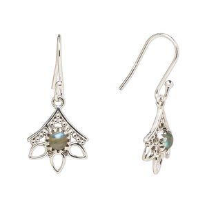Earring, Create Compliments&reg;, antiqued sterling silver and labradorite (natural), fishhook, 28mm with 14x12.5mm single-sided beaded open 3-teardrop, 21 gauge. Sold per pair.
