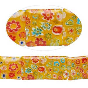 Bead, millefiori glass, translucent orange and multicolored, 18mm puffed square. Sold per 15-inch strand, approximately 20 beads.
