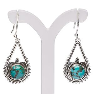 Earring, Create Compliments&reg;, magnesite (dyed / stabilized) and antiqued sterling silver, turquoise green, 40mm with beaded teardrop and fishhook ear wire, 21 gauge. Sold per pair.