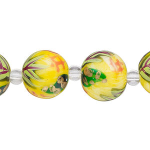 Bead, glass 1pkg8, multicolored, 14mm round with hand-painted flower.