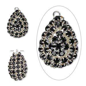 Focal, glass rhinestone and silver-plated brass, black, 30x22mm double-sided teardrop with 4mm chatons. Sold individually.