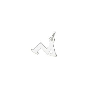 Charm, sterling silver, 13x8mm block alphabet letter "M." Sold individually.