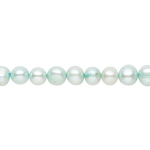 Pearl, cultured freshwater (dyed), teal green, 5-6mm semi-round with 0.4-0.6mm hole, D grade, Mohs hardness 2-1/2 to 4. Sold per 15-inch strand.