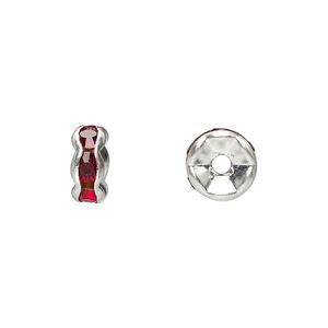 Bead 1pkg10 silver-plated, 8x4mm rondelle, brass / garnet red rhinestone