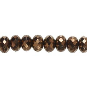 Bead, Czech fire-polished glass, opaque bronze, 9x5mm faceted rondelle. Sold per 15-1/2" to 16" strand.