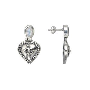 Earring, sterling silver and rainbow moonstone (natural), 7x5mm faceted oval, 30x17mm teardrop. Sold per pair.