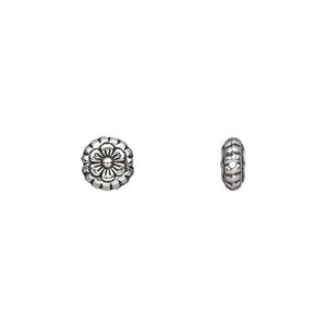 Bead 1pkg100 silver-plated "pewter", 7x3mm flat round flower / 2sided, antique