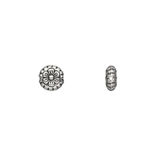 Bead 1pkg100 silver-plated "pewter", 7x3mm flat round flower / 2sided, antique image number 0