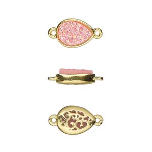 Link, Druzylite&trade;, "druzy" (resin) and gold-finished brass, pink, 11.5x8.5mm two-sided teardrop with open filigree back. Sold per pkg of 4.